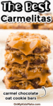 Tall stack of carmelita bars with gooey caramel and title text overlay