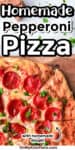 Tall image close up on two slices of peperoni pizza with title text overlay