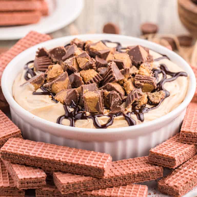 Square image of cheesecake dip close up topped with peanut butter cups and chocolate in a bowl next to chocolate cookies