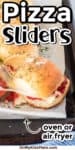 Cheesy pizza slider being pulled off the pan up close with title text overlay