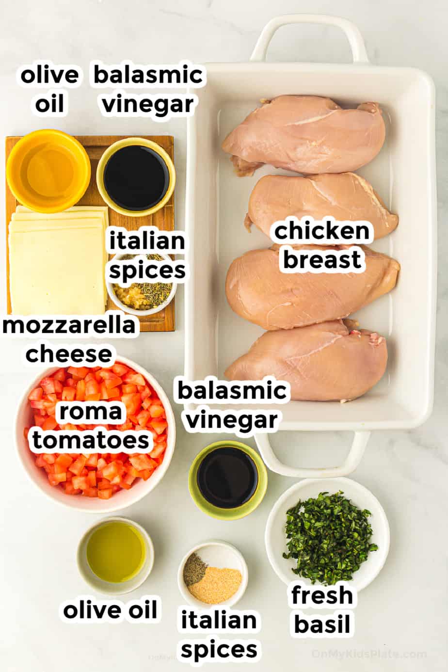 Ingredients for baked bruschetta chicken in bowls with labels