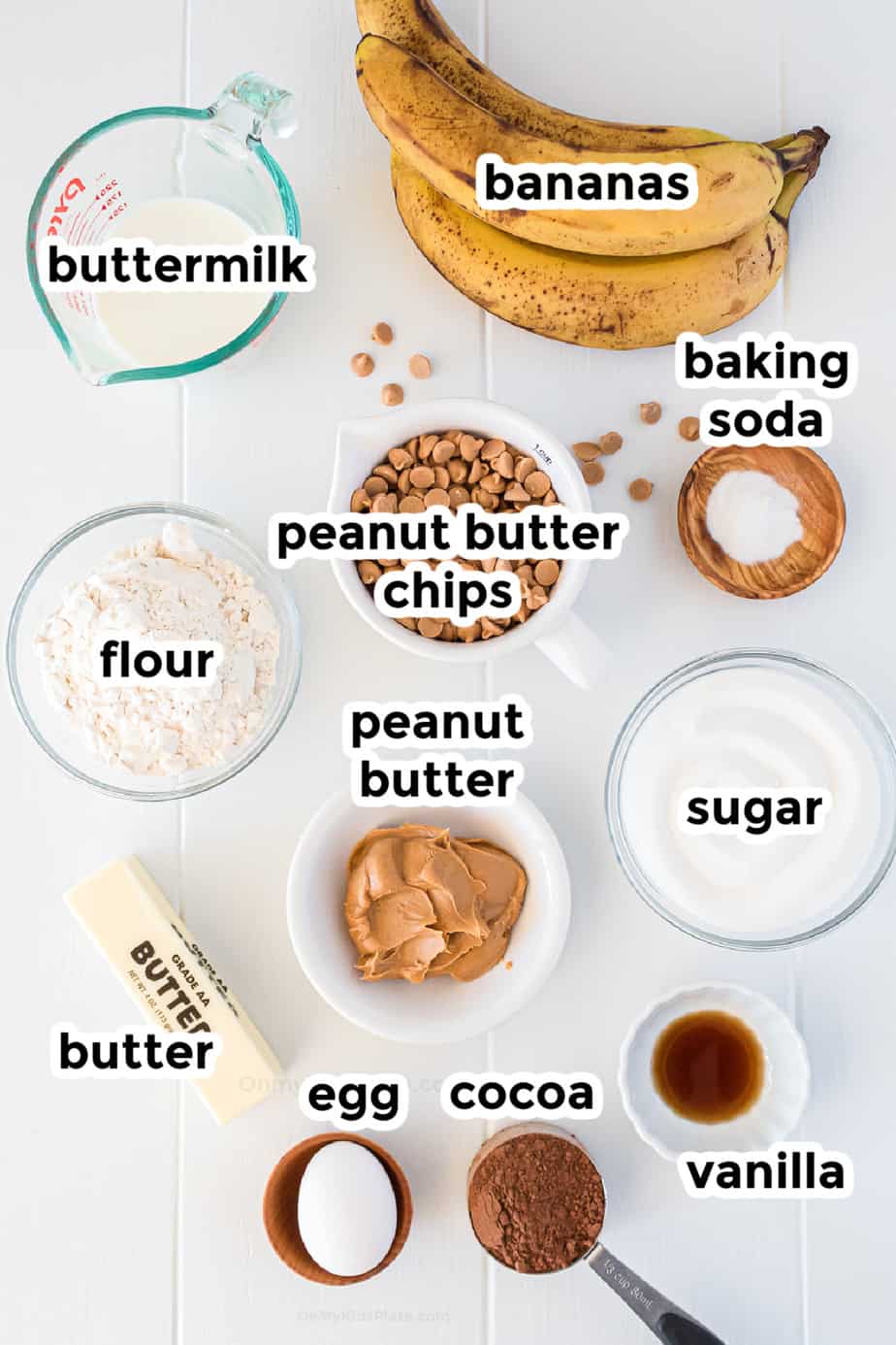 ingredients in bowls with labels for chocolate peanut butter bread