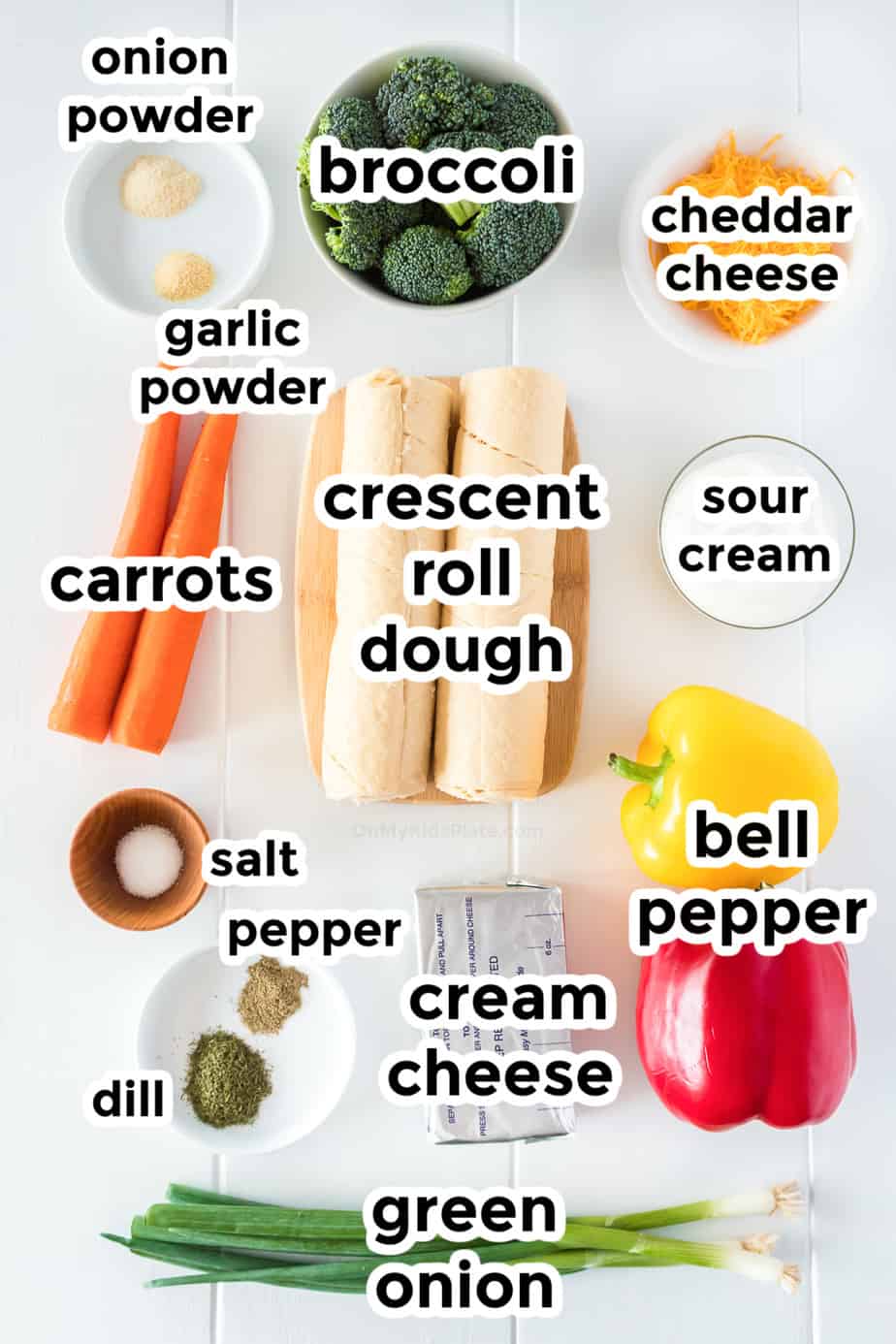 Ingredients for cold veggie pizza in bowls with labels
