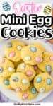 Easter mini egg cookies on a plate with a title text overlay