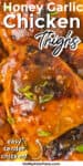 Close up of browned chicken thigh in honey garlic sauce with title text overlay