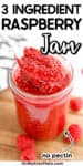 close up of a jar of raspberry jam with a spoonful being lifted from the jar with title text overlay
