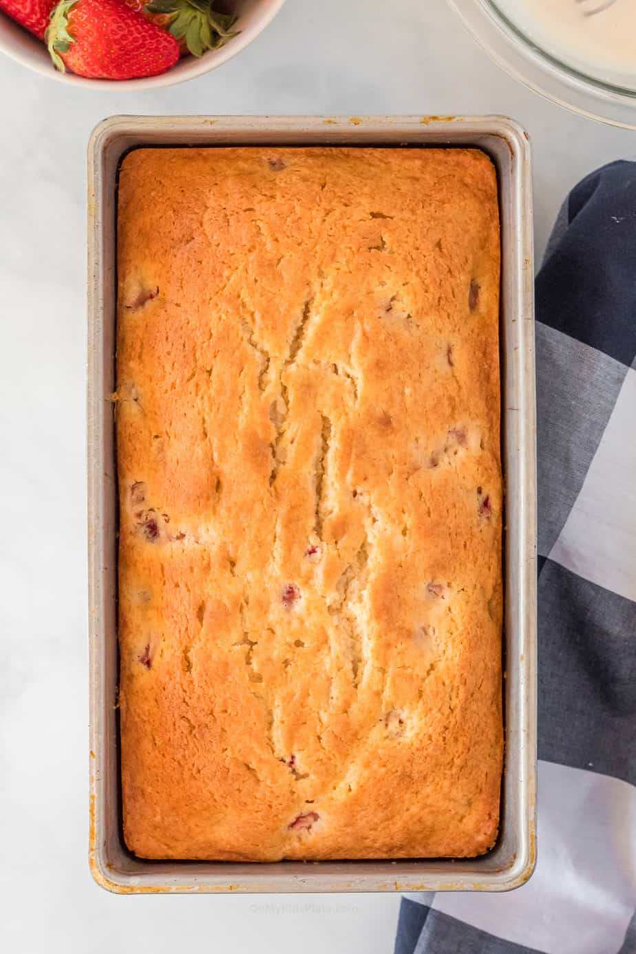 strawberry bread baked in loaf pan from overhead