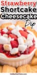 Close up of cheesecake dip topped with strawberries, strawberry sauce, angel food cake surrounded by cookies. Text title overlay at the top of the image