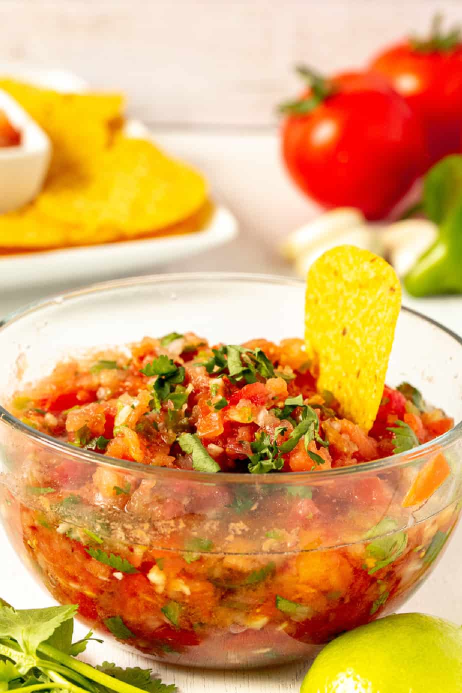Fresh salsa in a clear bowl from the side  with a chip in the salsa, and more chips and fresh tomatoes in the background.