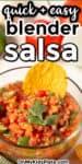 Tall close up image of a bowl of tomato salsa from the side topped with a chip and cilantro. Title text overlay is on the top of the image.