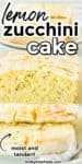 up close view of slices of lemon zucchini cake up close from the end topped with glaze with title text overlay
