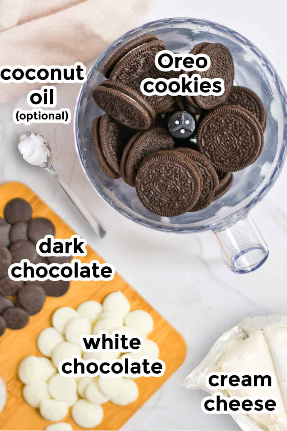 Ingredients for no bake Oreo balls on a counter with text labels.