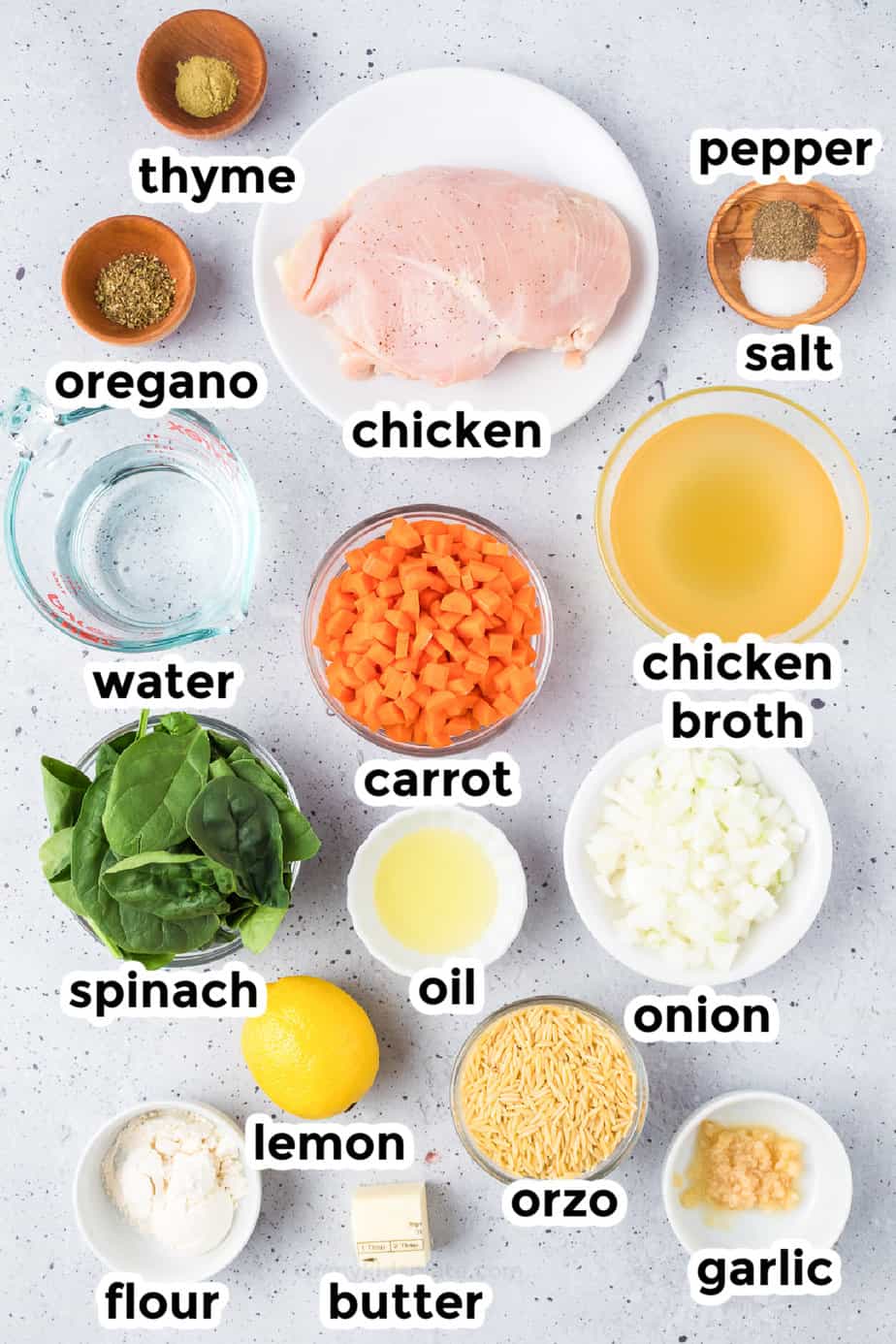 Ingredients for chicken lemon orzo soup in bowls from overhead with labels.