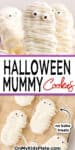 Close up of cookies decorated like mummies up close and overhead with title text overlay in between.