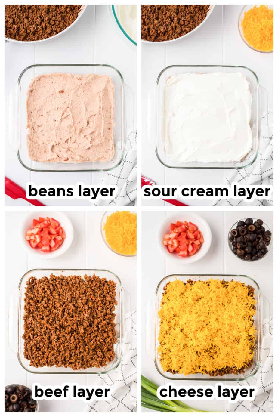 Collage showing step by step layering refried bean, sour cream, beef and cheese layers in a square pan on the counter from above.