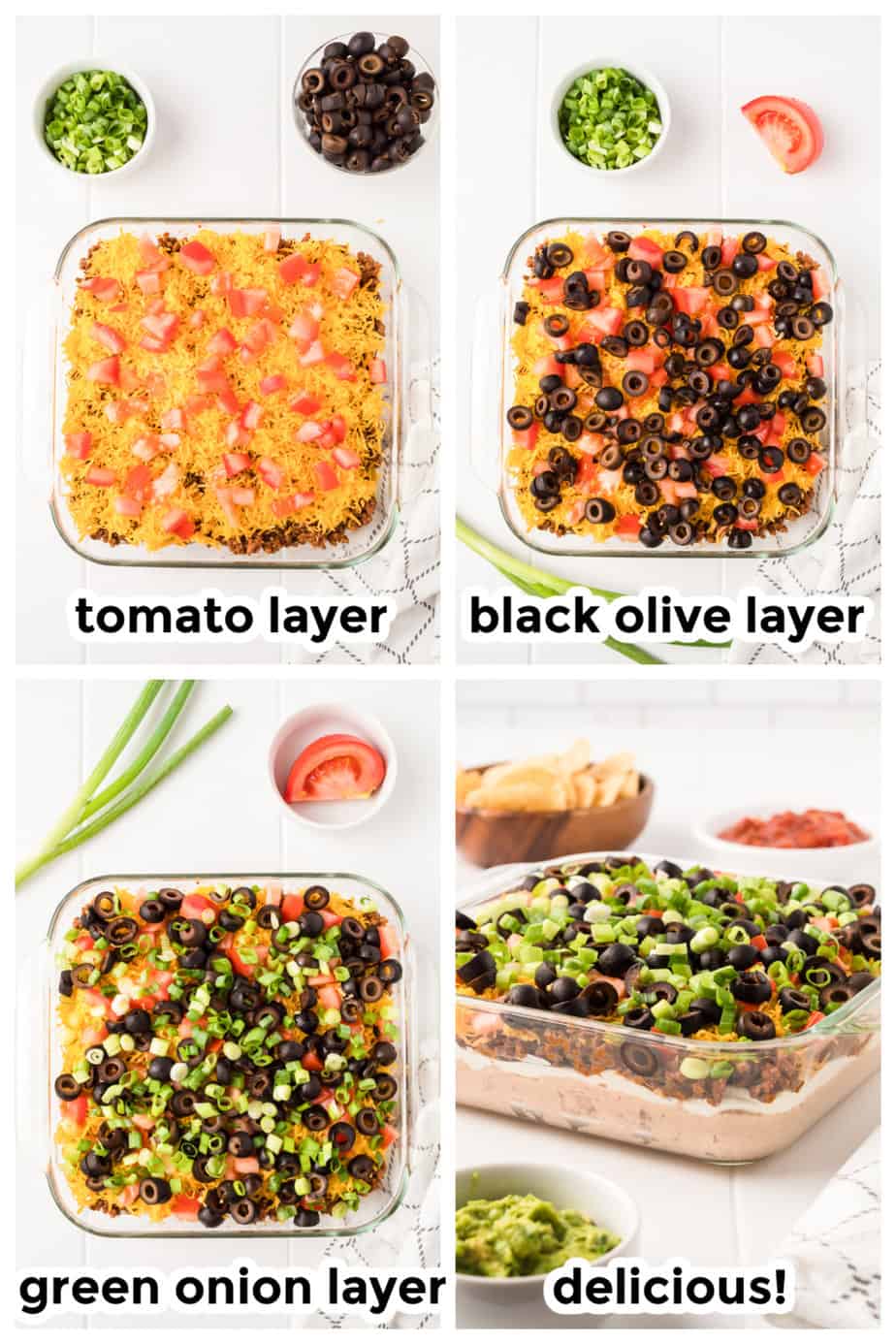 Collage showing step by step layering cheese, olives and green onion  layers and the finished dip from the side in a square pan.