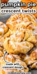 Tall close up of a pumpkin pie crescent roll twists topped with icing and title text overlay.
