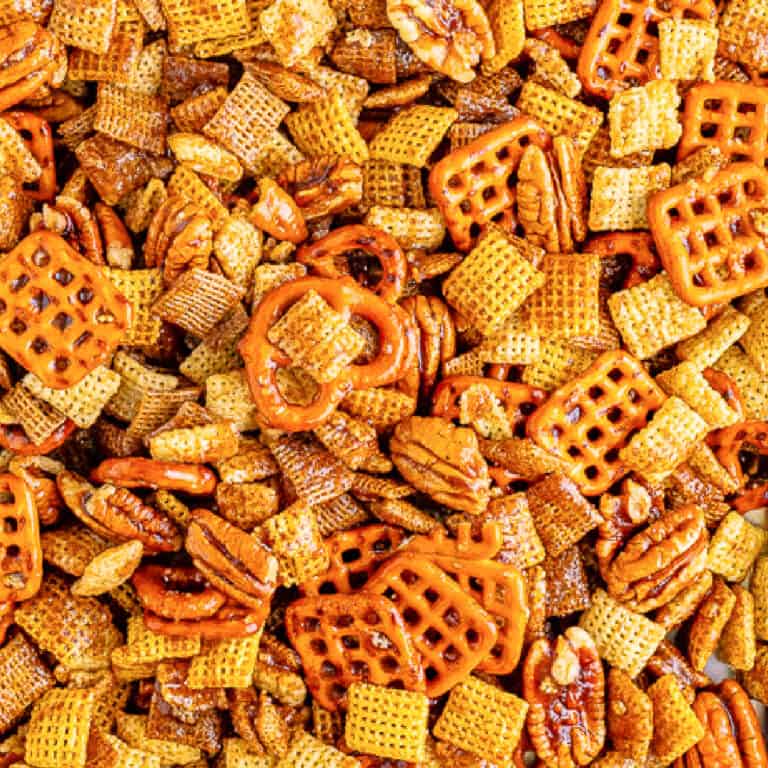 Close up of cinnamon sugar chex mix.