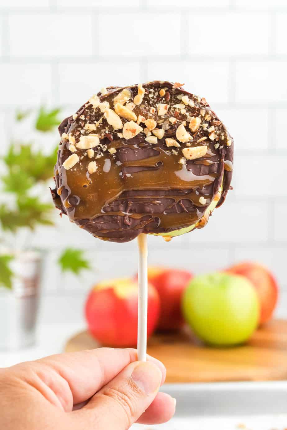 A hand holds a slice of apple on a stick covered in chocolate, caramel and peanuts in a kitchen from the side with more apples on the counter in the background.