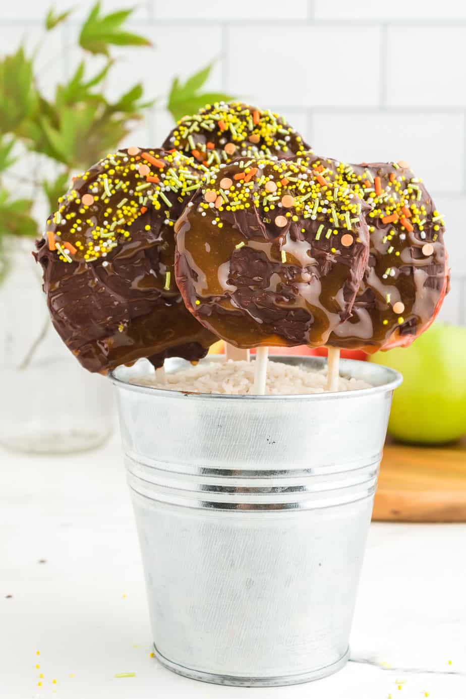 Slices of apple on sticks covered in caramel, chocolate and sprinkles in a metal pot full of dry rice standing upright on a kitchen counter from the side.