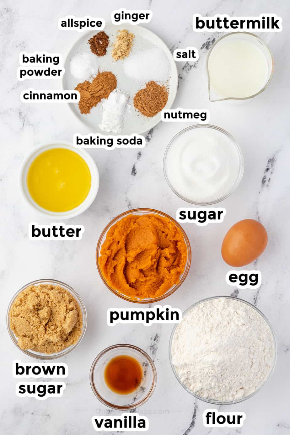 Ingredients for pumpkin donut holes in bowls from overhead on a counter with labels.