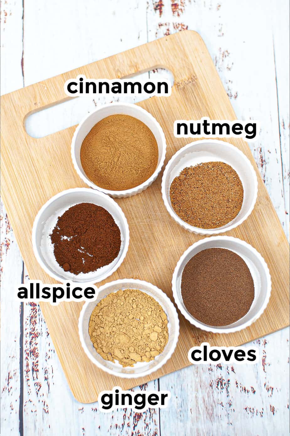 Spices in small bowls placed in a circle on a cutting board with spice name labels on each bowl.