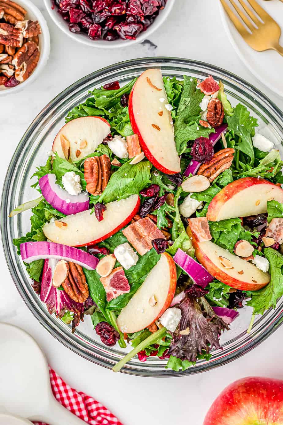 Cranberry apple salad in a large serving bowl from overhead with dried cranberries, pecans, fresh apples and forks on the table nearby.