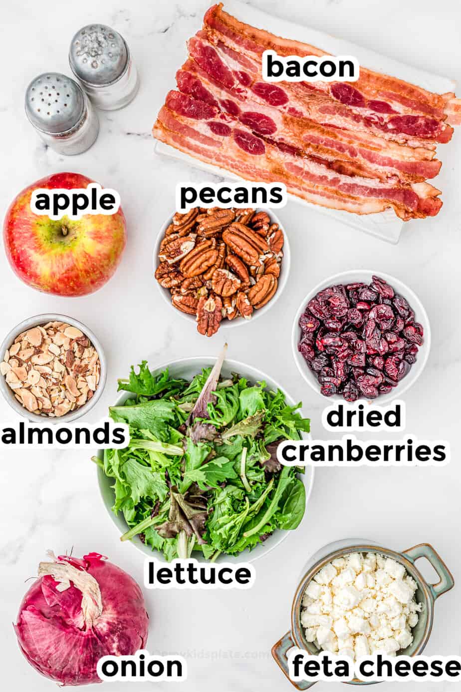 Ingredients for apple cranberry salad in bowls on a counter from overhead with text overlay labels on each bowl.