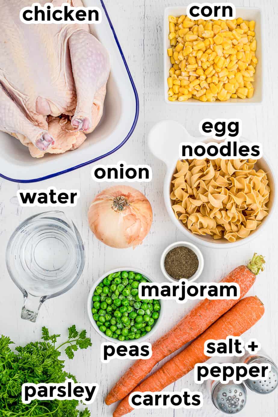 Ingredients for slow cooker chicken noodle soup in bowls on a counter from overhead with text labels.