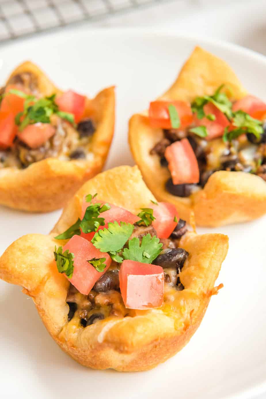 Close up of three crescent dough bites filled with meat, black beans, diced tomato and cilantro close up on a plate.