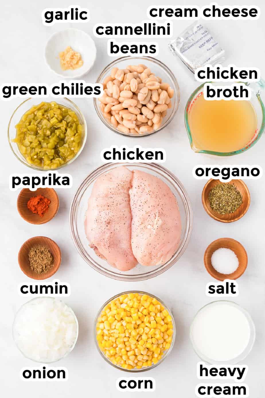 Ingredients for white chicken chili in bowls on a counter from overhead with labels.