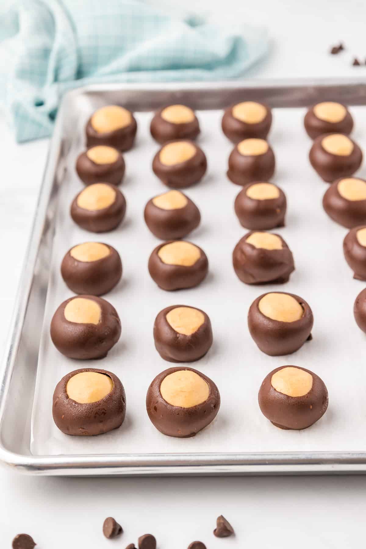 Buckeyes dipped in chocolate lined up in rows on a cookie sheet.