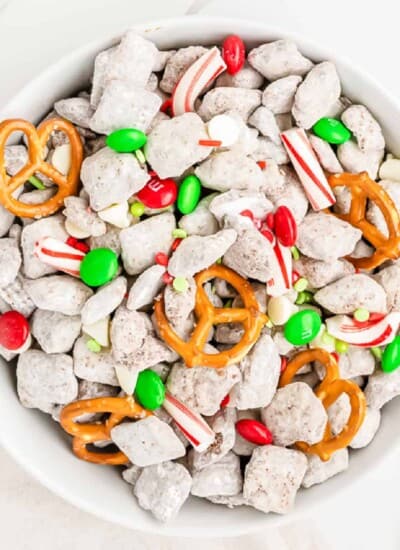 Christmas Reindeer Chex Mix in a large serving bowl from overhead on a counter.