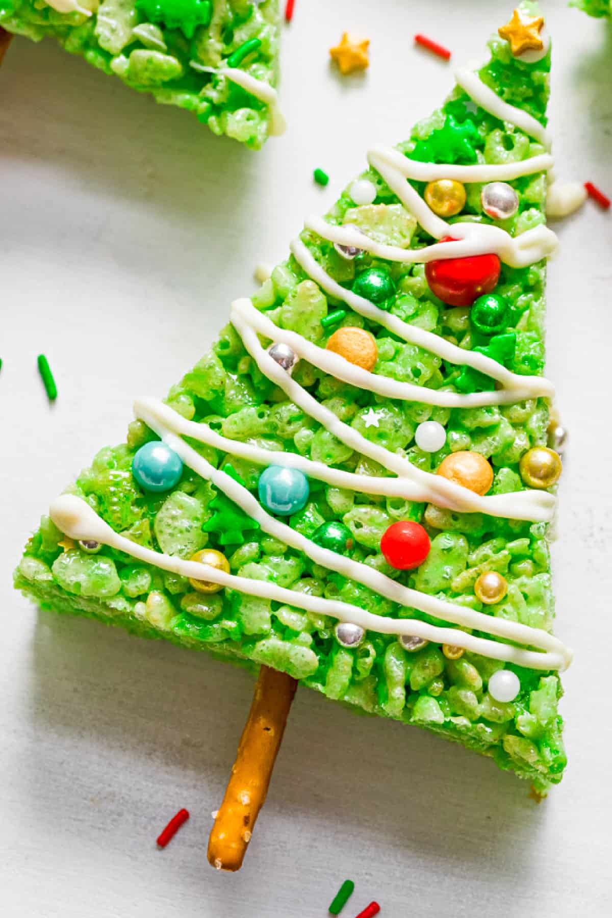 Close up of a green single rice krispie tree close up on a counter.