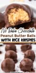 Up close of a chocolate covered peanut butter rice krispie bite bit open over a second image of more truffles lines up in rows up close with title text overlay between the images.