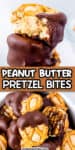 Close up of a peanut butter fudge between two pretzels both with a bite missing from the side and close up in a bowl from overhead with title text overlay in between the images.