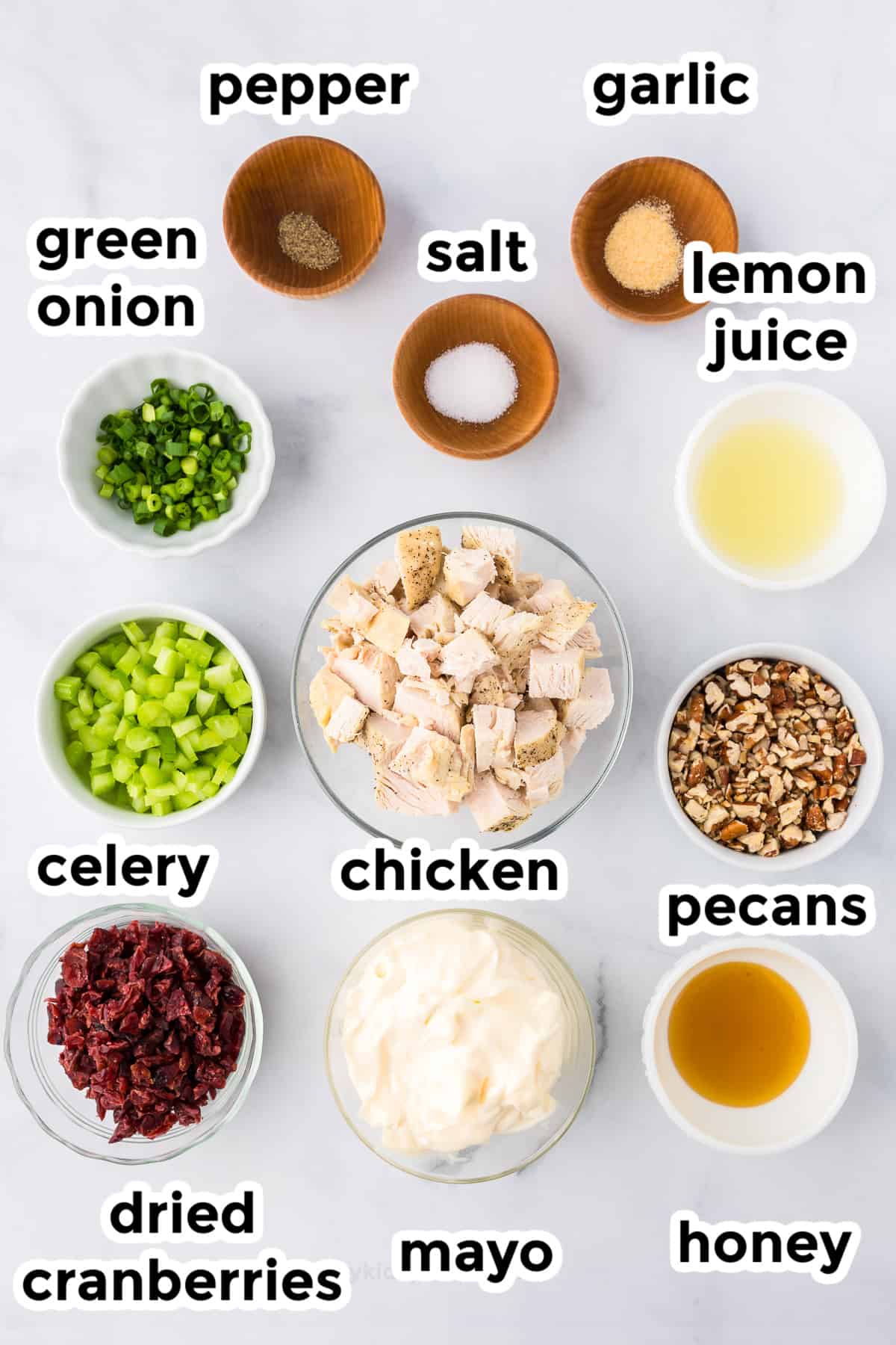 Ingredients for cranberry pecan chicken salad in bowls on a counter from overhead with text overlay.
