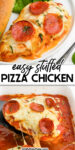Close up of chicken on a plate and being lifted from a casserole dish of sauce covered in cheese and pepperoni with text title overlay in between the images.