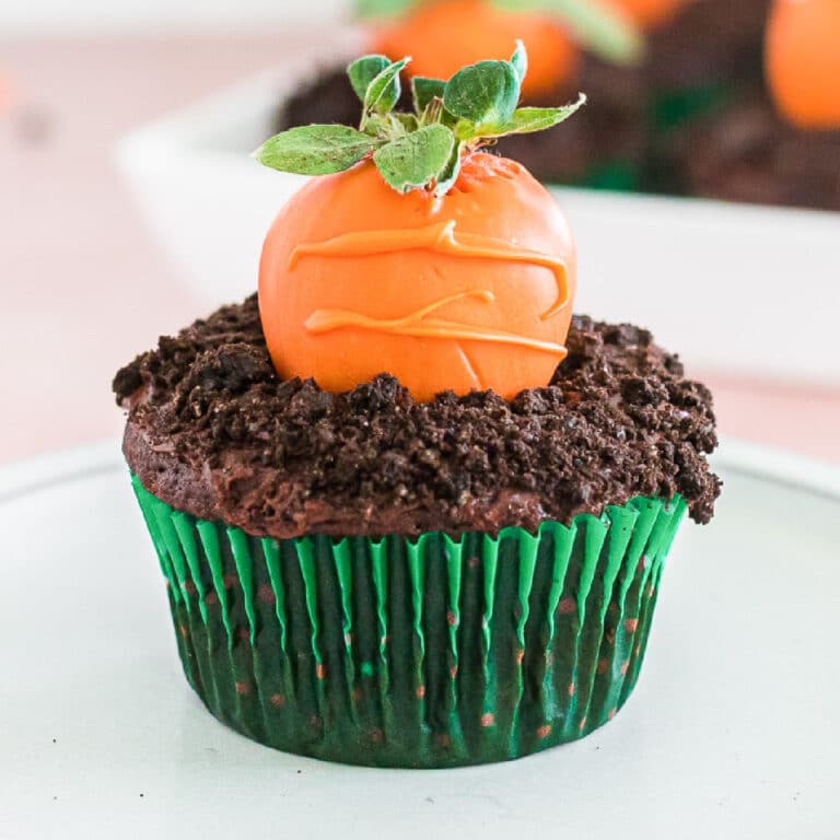 Close up of a cupcake with an orange chocolate covered strawberry decorated to look like a carrot in chocolate cookie crumble dirt.