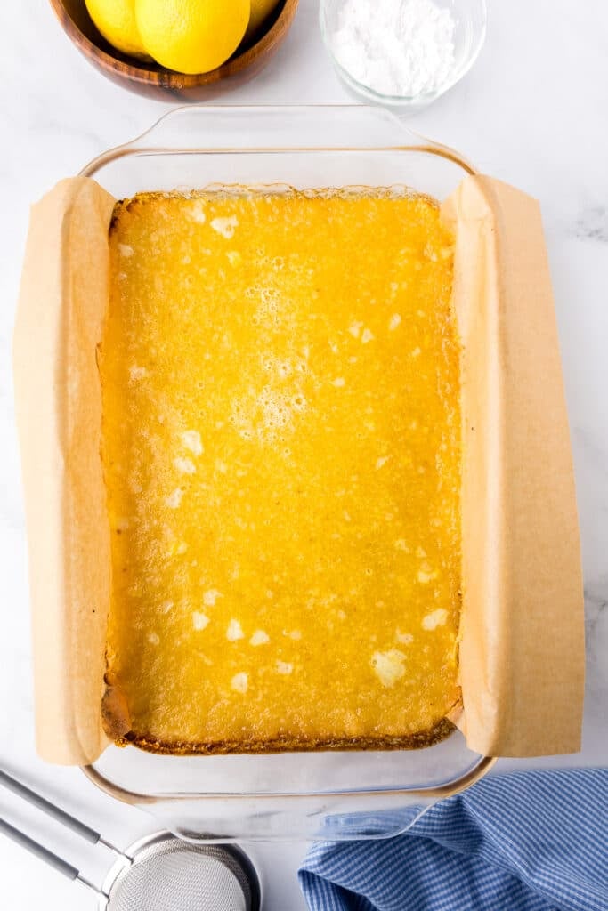 Lemon bars in pan just after baking.