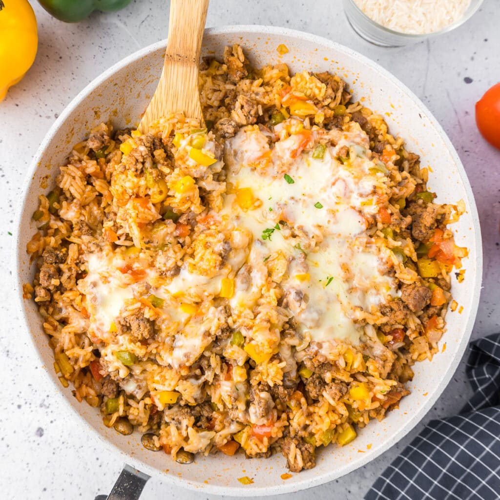 Hobos Rice Cheesy Unstuffed Pepper Skillet (One Pan!) - On My Kids Plate