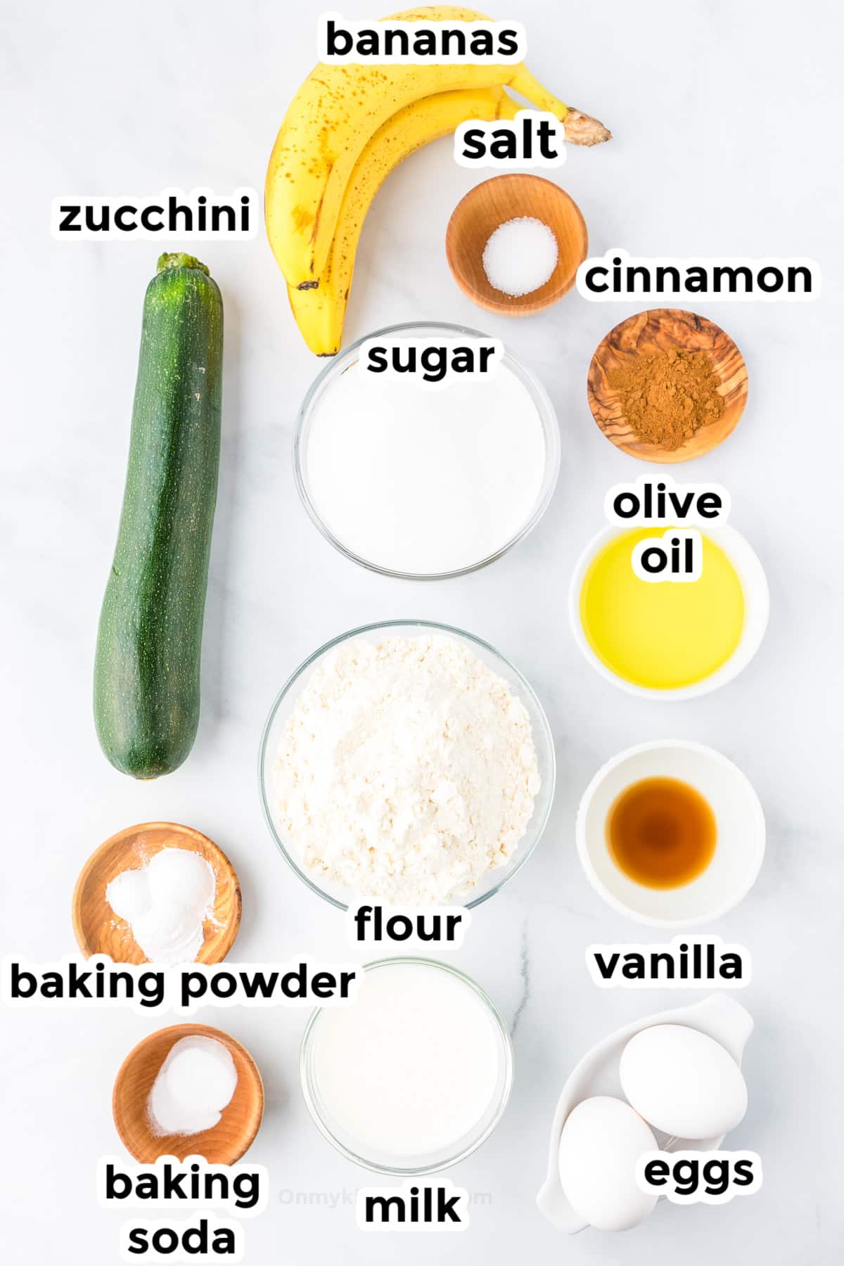 Ingredients for zucchini banana bread from overhead in bowls with text labels.