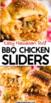 Two close up images stacked of shredded bbq chicken with pineapple on slider rolls with title text overlay in between the images.