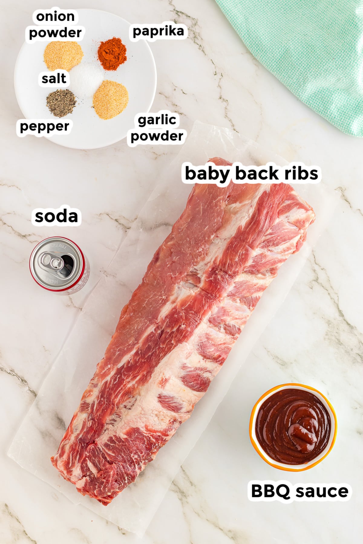 Ingredients for Dr. Pepper baby back ribs on a counter in bowls with text labels from above.