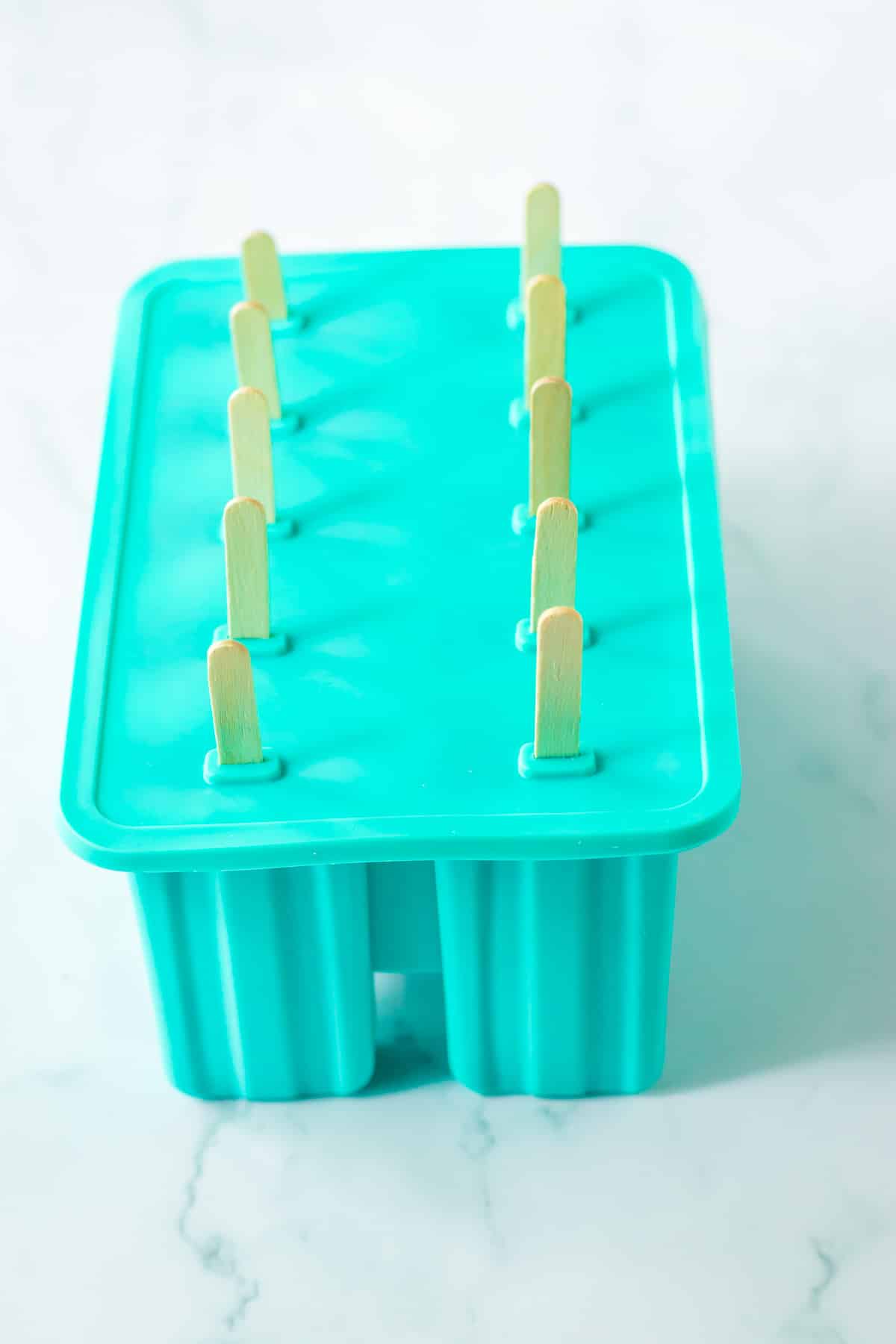 Silicone popsicle molds closed with a stick in each spot for the popsicle.
