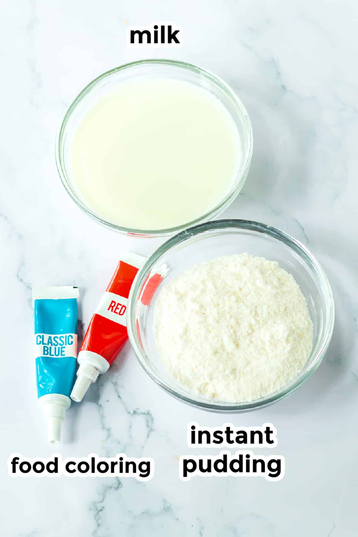 Ingredients for red white and blue popsicles in bowls on a counter from overhead with text labels.