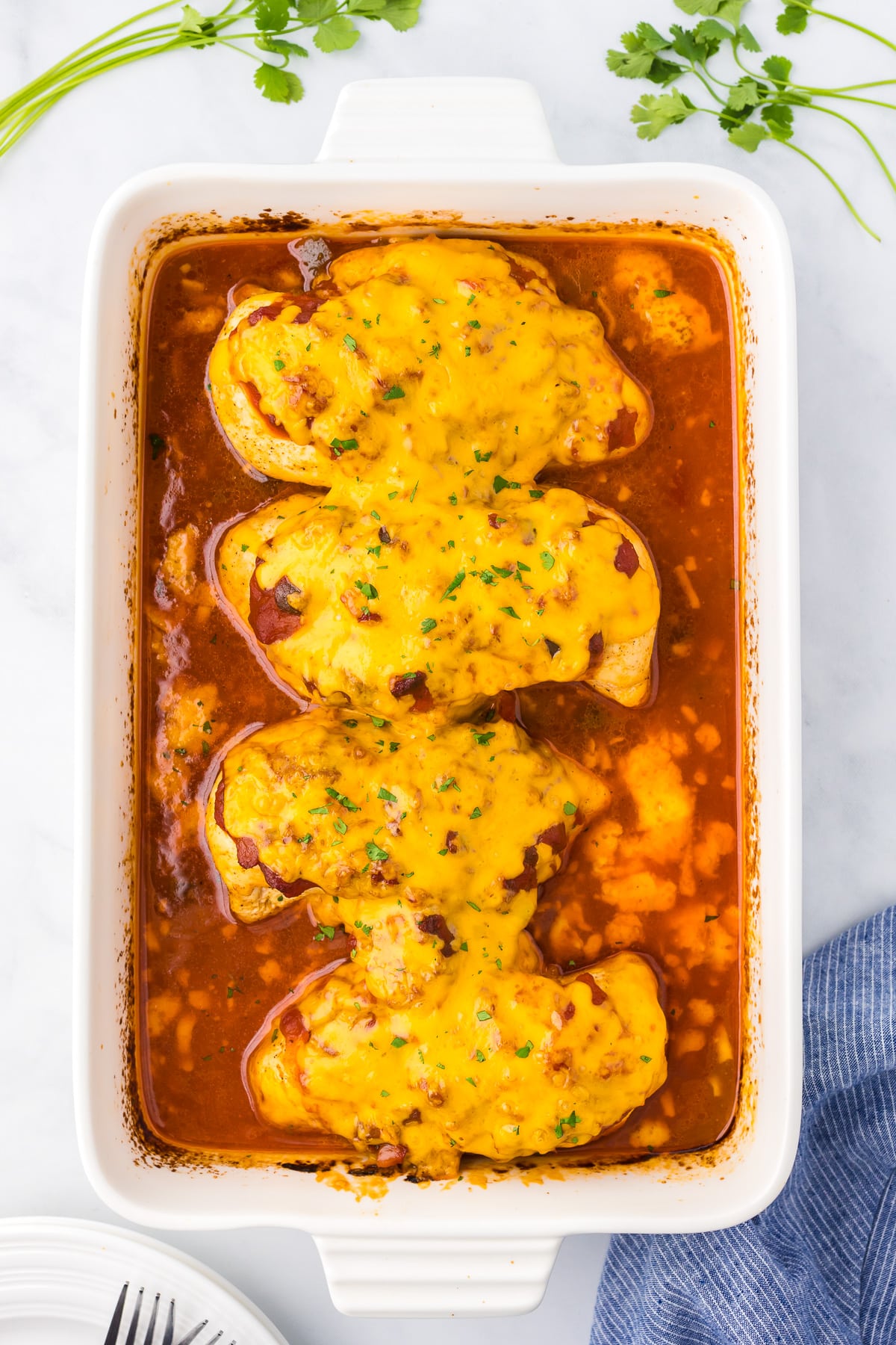 Four baked salsa chicken in a rectangular casserole pan with cooked salsa and melted cheese on top of each chicken breast.