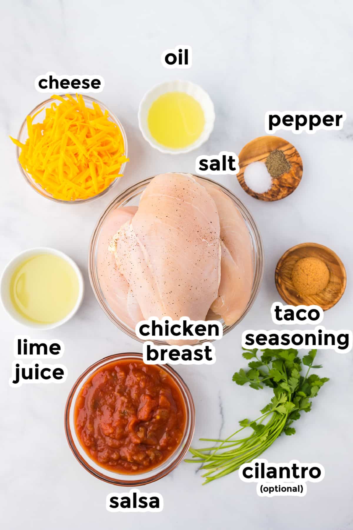 Ingredients for baked salsa chicken on a counter in bowls with text labels.