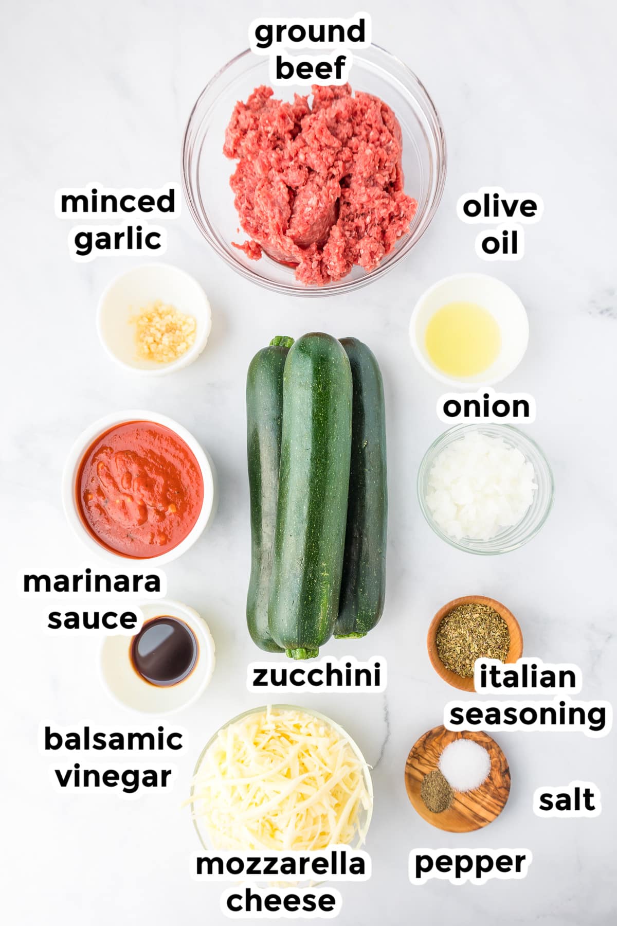 Ingredients for stuffed zucchini boats in bowls from overhead with title text labels.