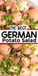Close up of german potato salad topped with bacon salad topped with bacon, parsley and green onions close up with title text overly in the middle of the image.